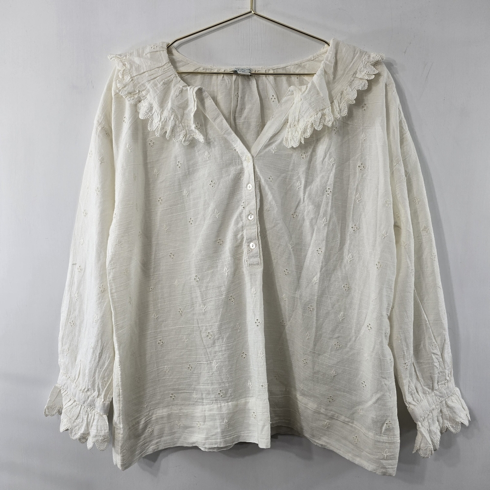 Sundance Embroidered Eyelet Blouse Peter Pan Collar Half Button Long Sleeve M - Picture 2 of 12